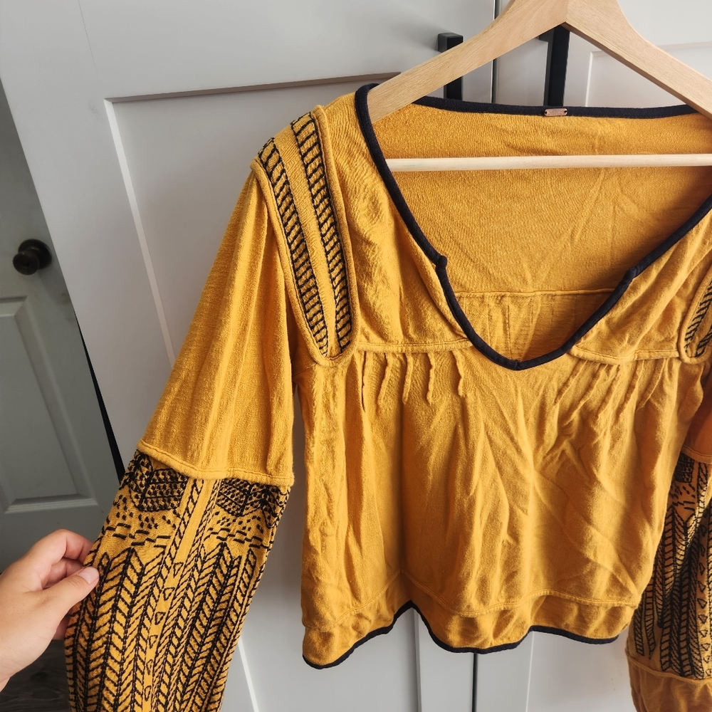 Free People Island Hopper Orange Embroidered Balloon Sleeve Top Boho - Picture 4 of 10